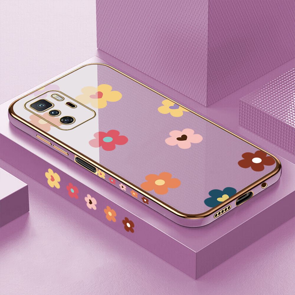 Luxury 6D Plating Case for Xiaomi Poco X3 GT Color Cartoon Flowers Side Pattern Back Cover Soft Silicone Square Frame Shiny Bling Phone Cases + Free Lanyard