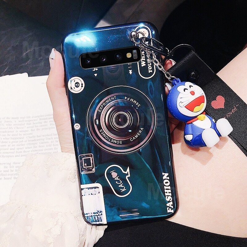 For Samsung Galaxy S10 Plus Cover + Wrist Lanyard & Cute Cartoon Doll Fashion Camera Pattern Slim Phone Case Soft TPU Silicone Shockproof Protective Back Cover