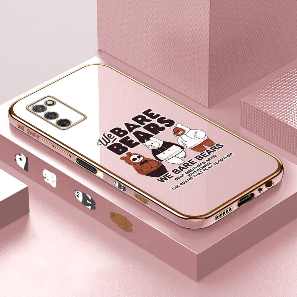 Luxury 6D Plating Case for Samsung A03S Three Little Bears Side Pattern Back Cover Soft Silicone Square Phone Cases + Free Lanyard