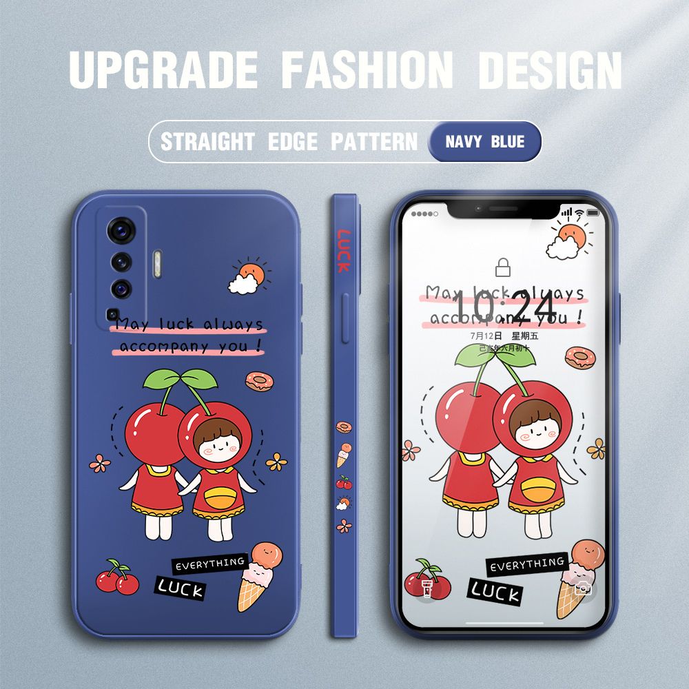 Jizetin for Vivo X50 5G Case Fashion Cherry Girl Design Side Design Phone Case Square Edge Pattern Liquid Silicone Cases Full Cover Camera Shockproof Protective Case