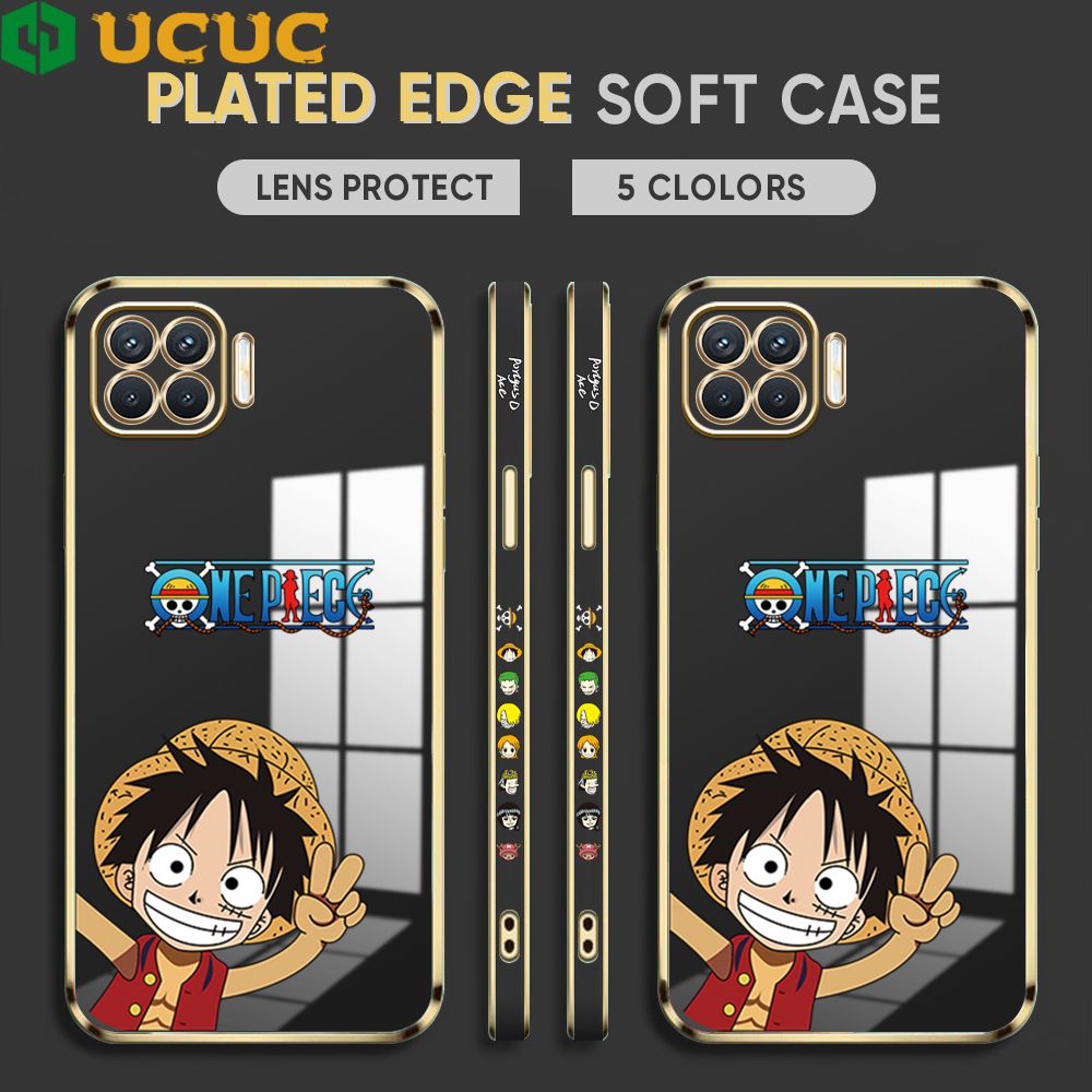 UCUC for OPPO F17 Pro / A93 2020 / Reno4 F Back Cover + Free Lanyard Wave Luffy Luxury 6D Plating Case Side Pattern Soft Silicone Square Phone Cases