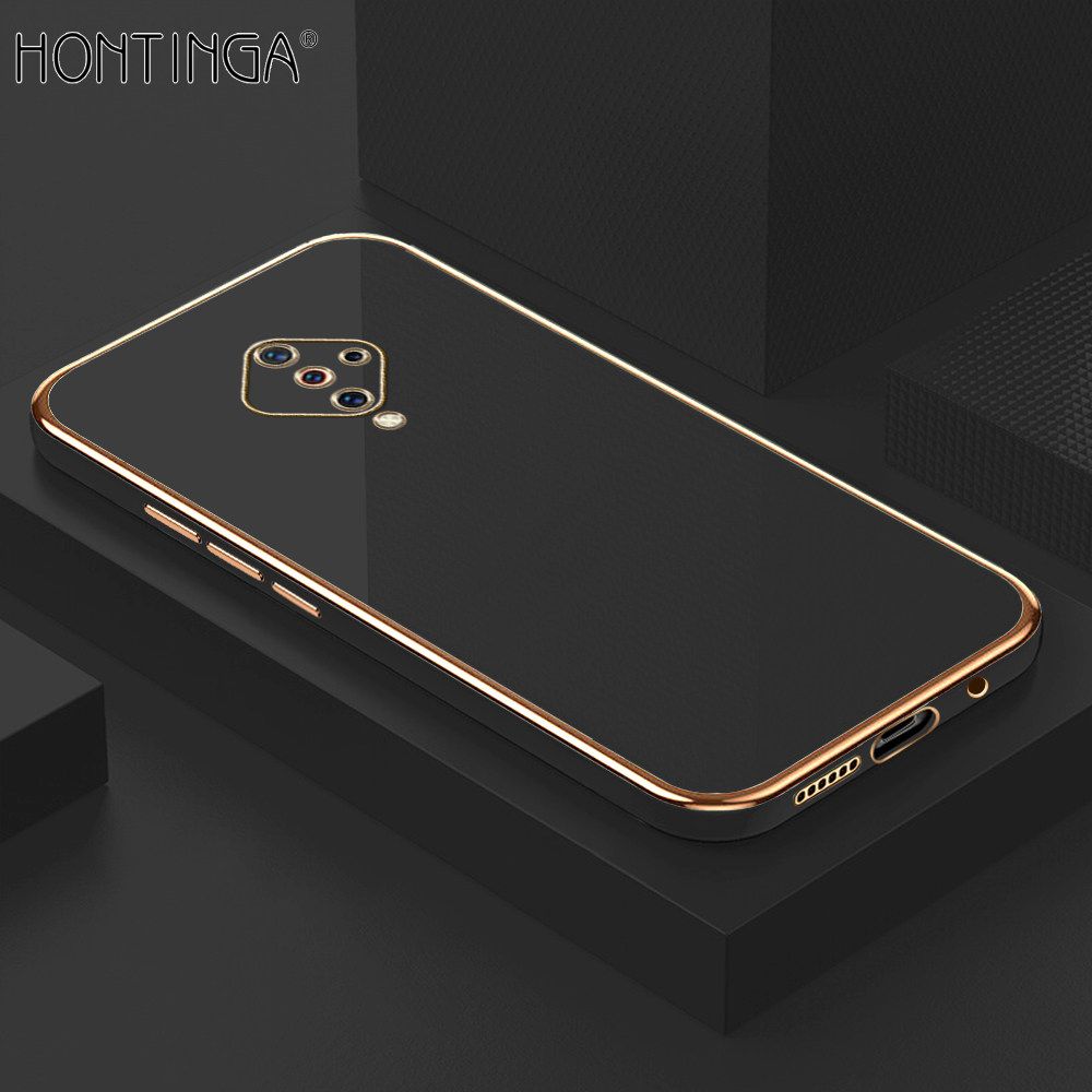 Hontinga for Vivo S1 Pro Back Cover + Free Lanyard Luxury 6D Plating Frame Shiny Bling Case Soft Silicone Square Mobile Cover