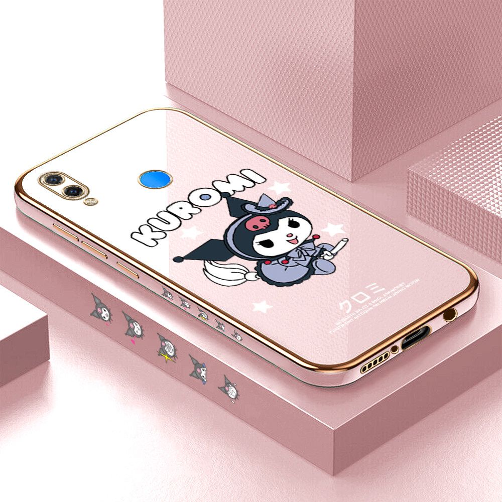 Luxury 6D Plating Soft Casing Silicone Square Frame Phone Case For Huawei P Smart Plus Case Shiny Bling Back Cover Cartoon Anime Character Cute Square Edge Pattern Design Soft Case + Free Lanyard