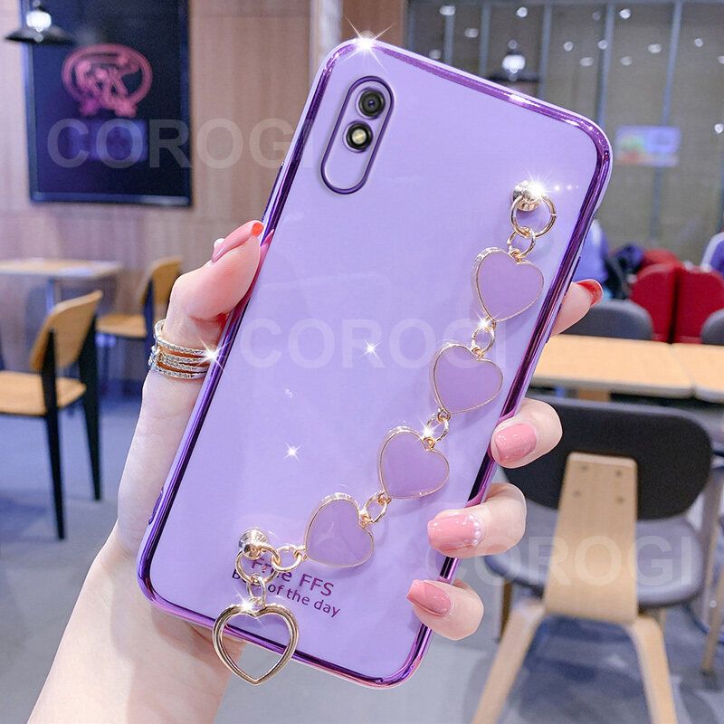 For Xiaomi Redmi 9A Cover + Love Heart Bracelet Fashion Shiny Wrist Chain Plating Bumper Slim Phone Case Soft TPU Silicone Shockproof Protective Back Cover