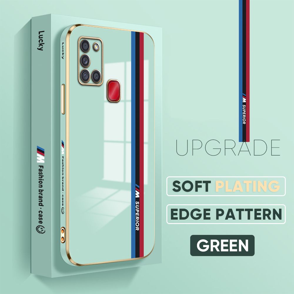 TA for Samsung Galaxy A21s Back Cover + Free Lanyard Track Sign Luxury 6D Plating Case Side Pattern Soft Silicone Square Phone Cases