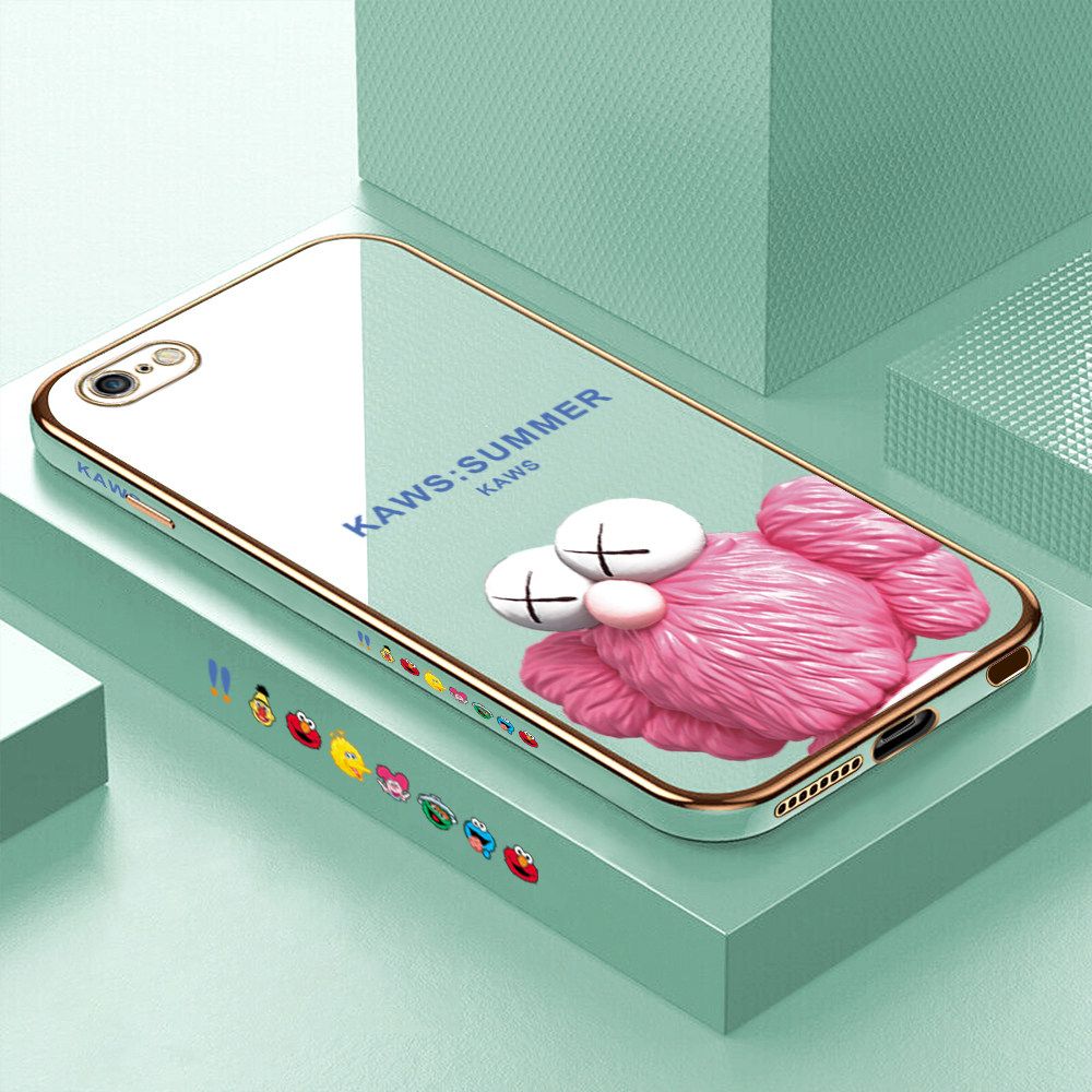 Luxury 6D Plating Soft Casing Silicone Square Frame Phone Case For iPhone 6 Plus Case Shiny Bling Back Cover Cartoon Pink Doll Square Edge Pattern Design Soft Case + Free Lanyard