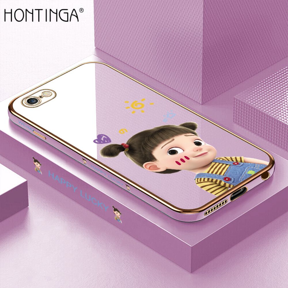 Hontinga for iPhone 6 6s Back Cover + Free Lanyard Luxury 6D Plating Cute Cartoon Happy Girl Side Pattern Case Soft Silicone Square Phone Cases