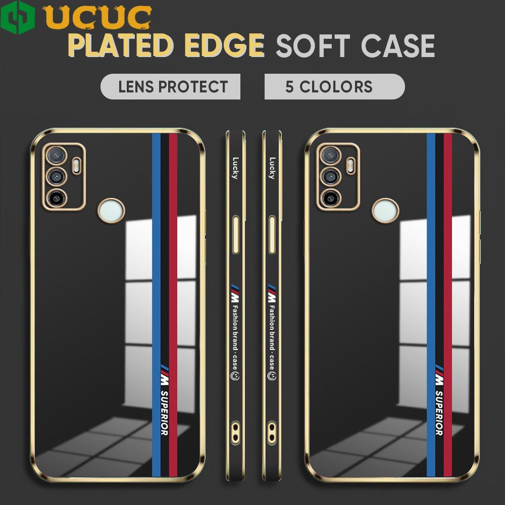 UCUC for OPPO A53 2020 / A33 2020 Back Cover + Free Lanyard Track Sign Luxury 6D Plating Case Side Pattern Soft Silicone Square Phone Cases