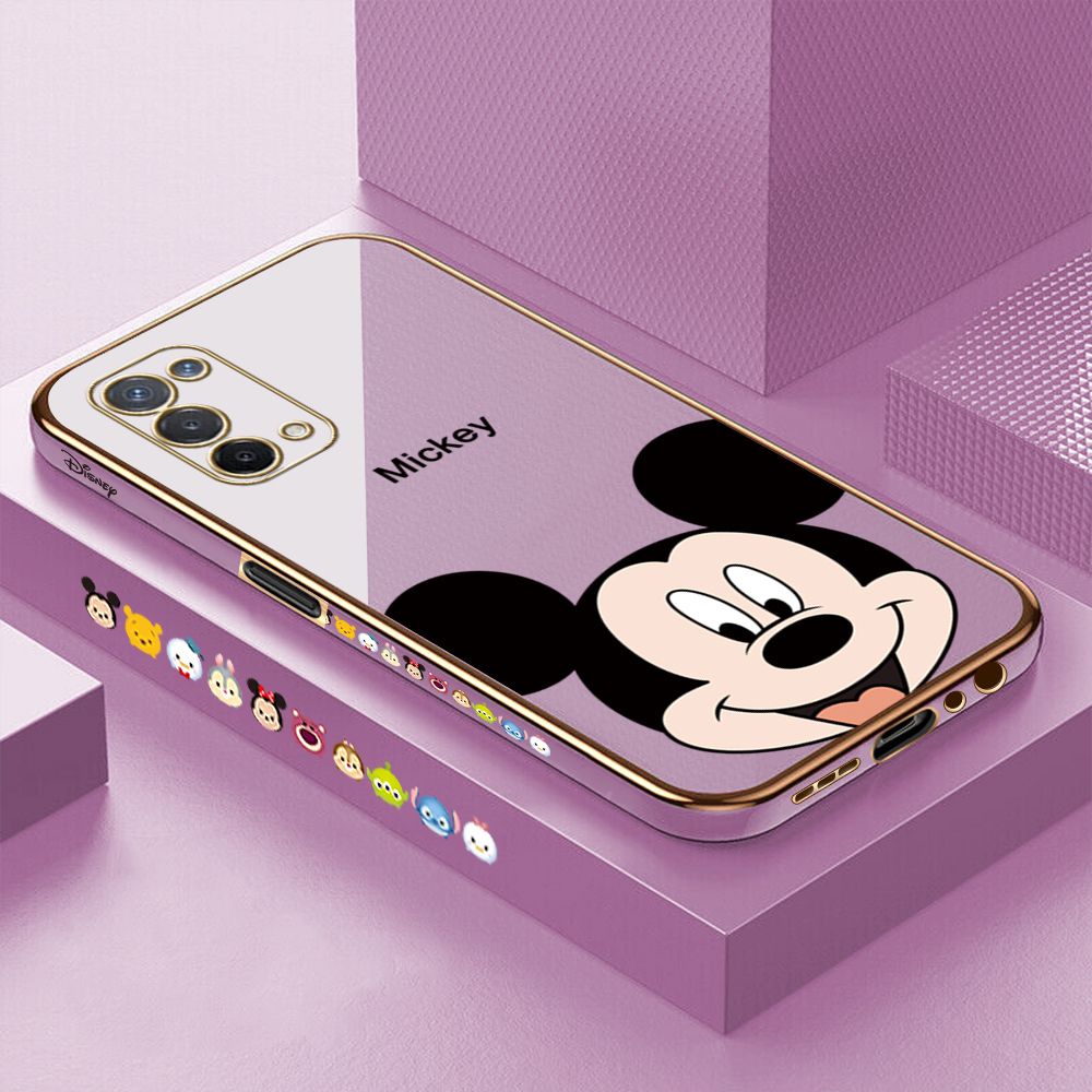 Luxury 6D Plating Case for OPPO A74 5G Cartoon Big Head Mouse Side Pattern Back Cover Soft Silicone Square Phone Cases + Free Lanyard