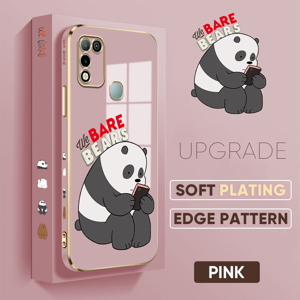 Jizetin (Free Lanyard) Infinix Hot 10 Play / Hot 11 Play Back Cover Cute Panda Luxury 6D Plating Case Side Pattern Soft Silicone Square Phone Cases