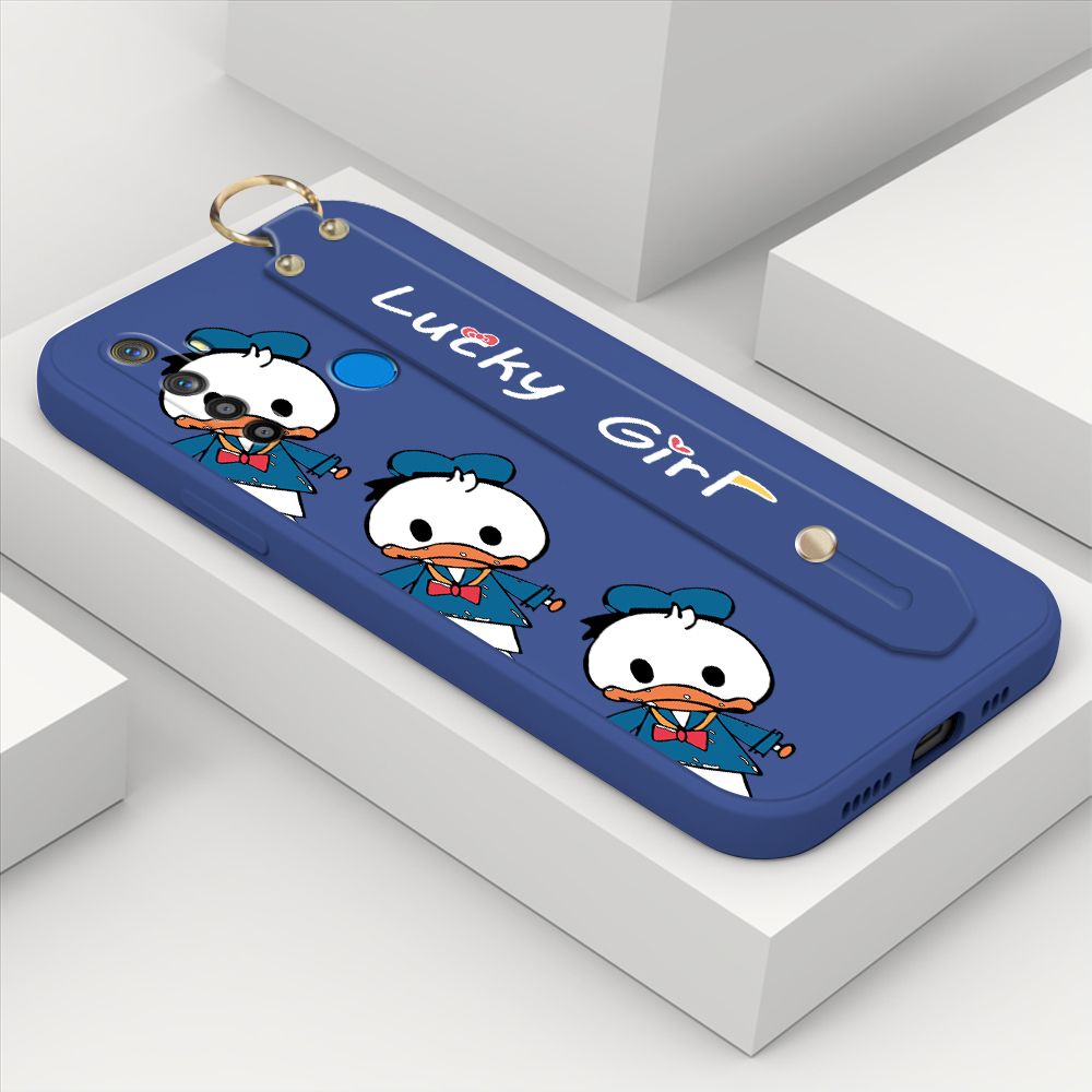 ZeroQiQi for Realme 5s Wrist Strap Case Cute Cartoon Little Duck Phone Case Square Edge Liquid Silicone Case Full Cover Camera Shockproof Protective Cases