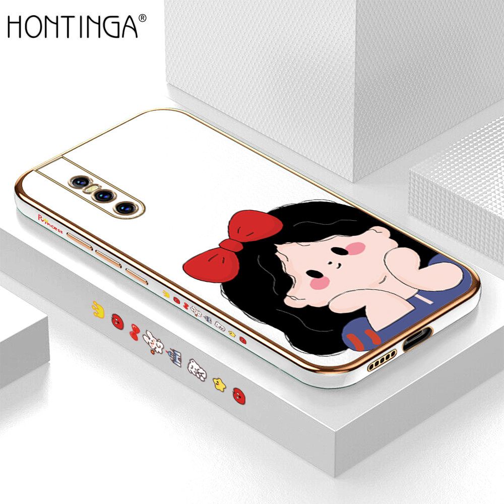 Hontinga for Vivo V15 Pro Back Cover + Free Lanyard Luxury 6D Plating Cute Bow Girl Side Pattern Case Soft Silicone Square Mobile Cover