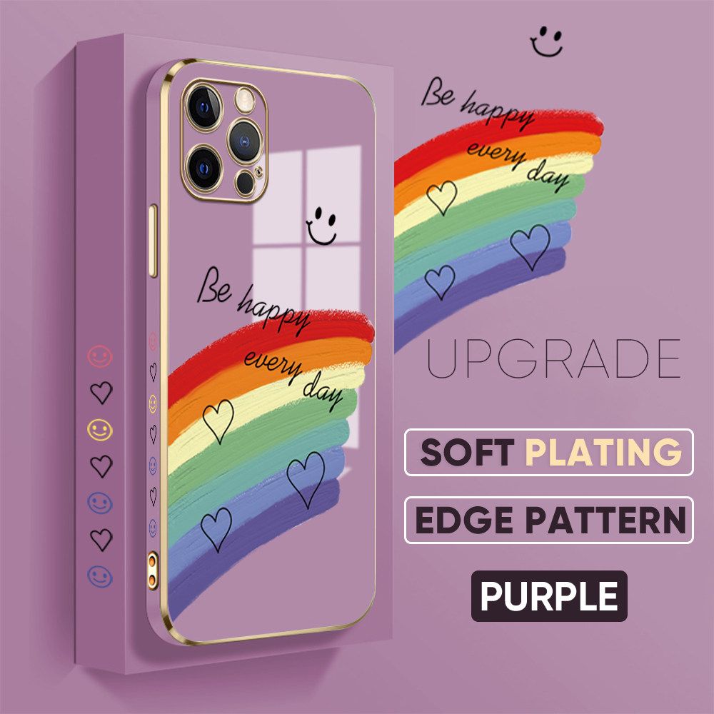 TA for iPhone 12 Pro Back Cover + Free Lanyard Rainbow Doodle Luxury 6D Plating Case Side Pattern Soft Silicone Square Phone Cases
