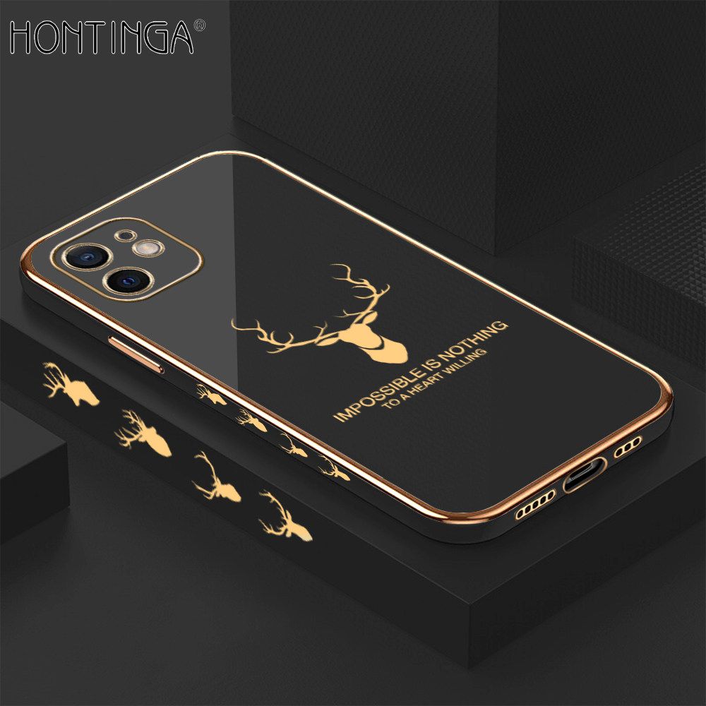 Hontinga for iPhone 12 Back Cover + Free Lanyard Luxury 6D Plating Cartoon Lucky Side Pattern Case Soft Silicone Square Phone Cases