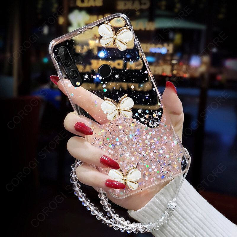 For Huawei Y9 Prime 2019 Cover + Crystal Wrist Strap Fashion 3D Rhinestone Butterfly Shiny Glitter Girls Phone Case Clear Soft Silicone Bumper Shockproof Protective Back Cover