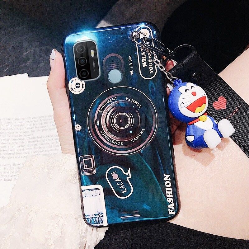 For OPPO A53 2020 Cover + Wrist Lanyard & Cute Cartoon Doll Fashion Camera Pattern Slim Phone Case Soft TPU Silicone Shockproof Protective Back Cover
