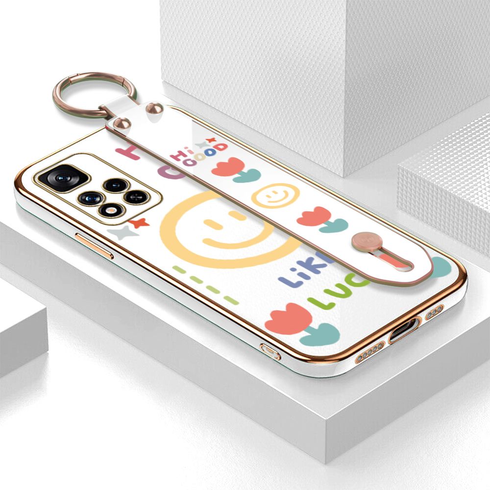 ZeroQiQi for Redmi Note 11 Pro+ 5G / Xiaomi Poco X4 NFC Wrist Strap Back Cover Flower Smiley Fashion Luxury 6D Plating Soft Casing Silicone Square Frame Phone Case