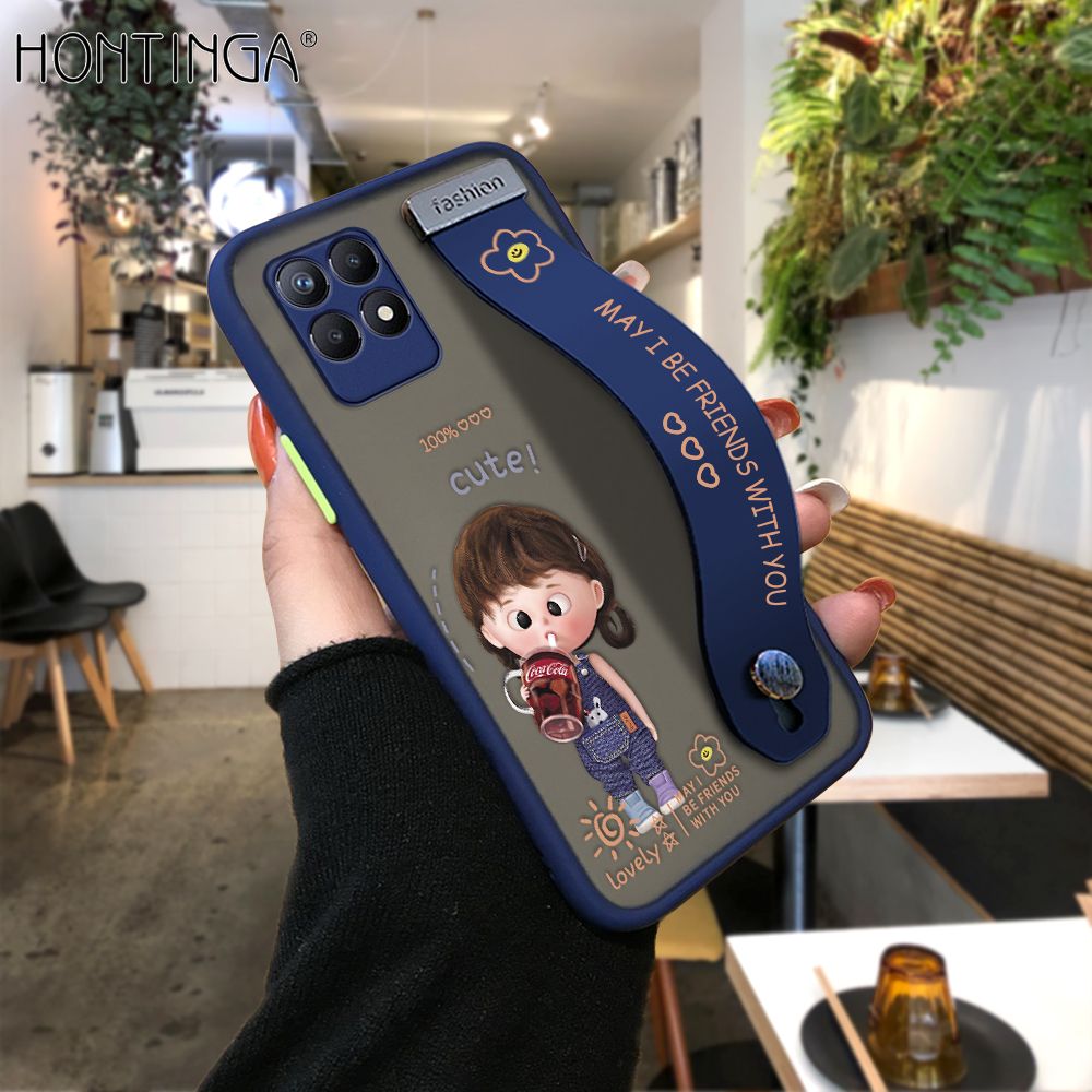 Hontinga for Realme 8I Back Cover With Wristband Cola Girl Phone Casee Full Lens Protection Thin Frosted Cases
