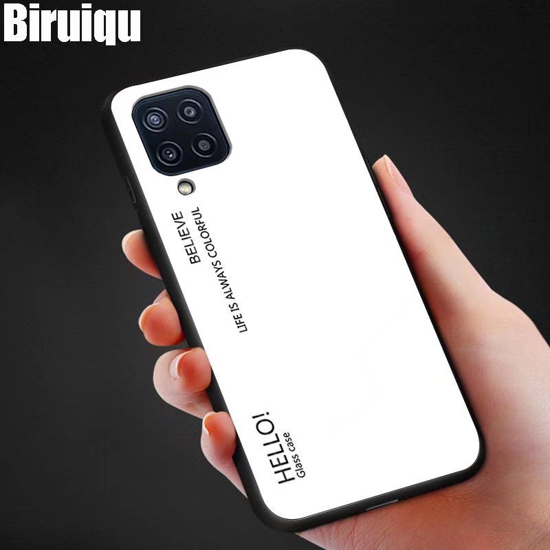 Biruiqu For Samsung Galaxy M22 Shockproof Gradient Tempered Glass Back Soft Silicone Edge Case Cover