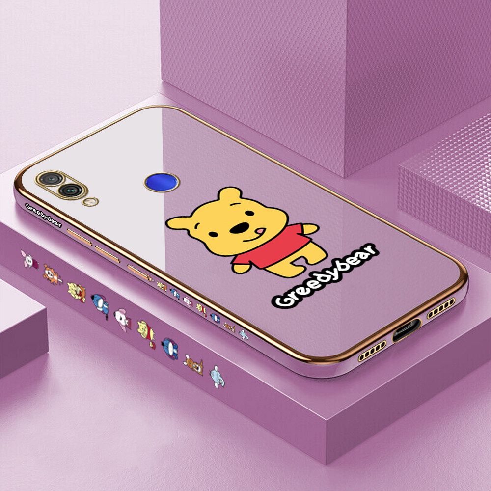 Luxury 6D Plating Case for Redmi Note 7 Squirming Little Sweet Bear Side Pattern Back Cover Soft Silicone Square Frame Shiny Bling Phone Cases + Free Lanyard