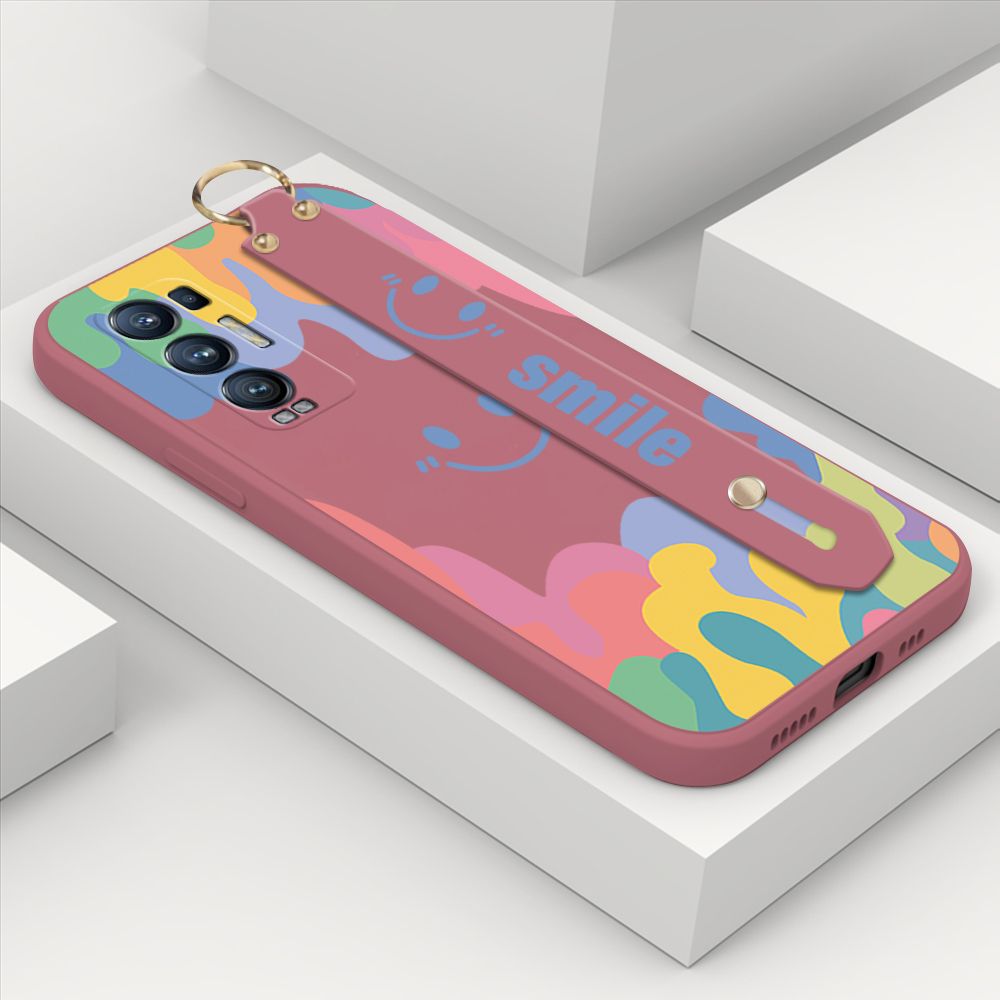 ZeroQiQi for OPPO Reno5 Pro Plus 5G Wrist Strap Case Soft Candy Color Splash Ink Cover Trend Square Printed Pattern Liquid Silicone Phone Case
