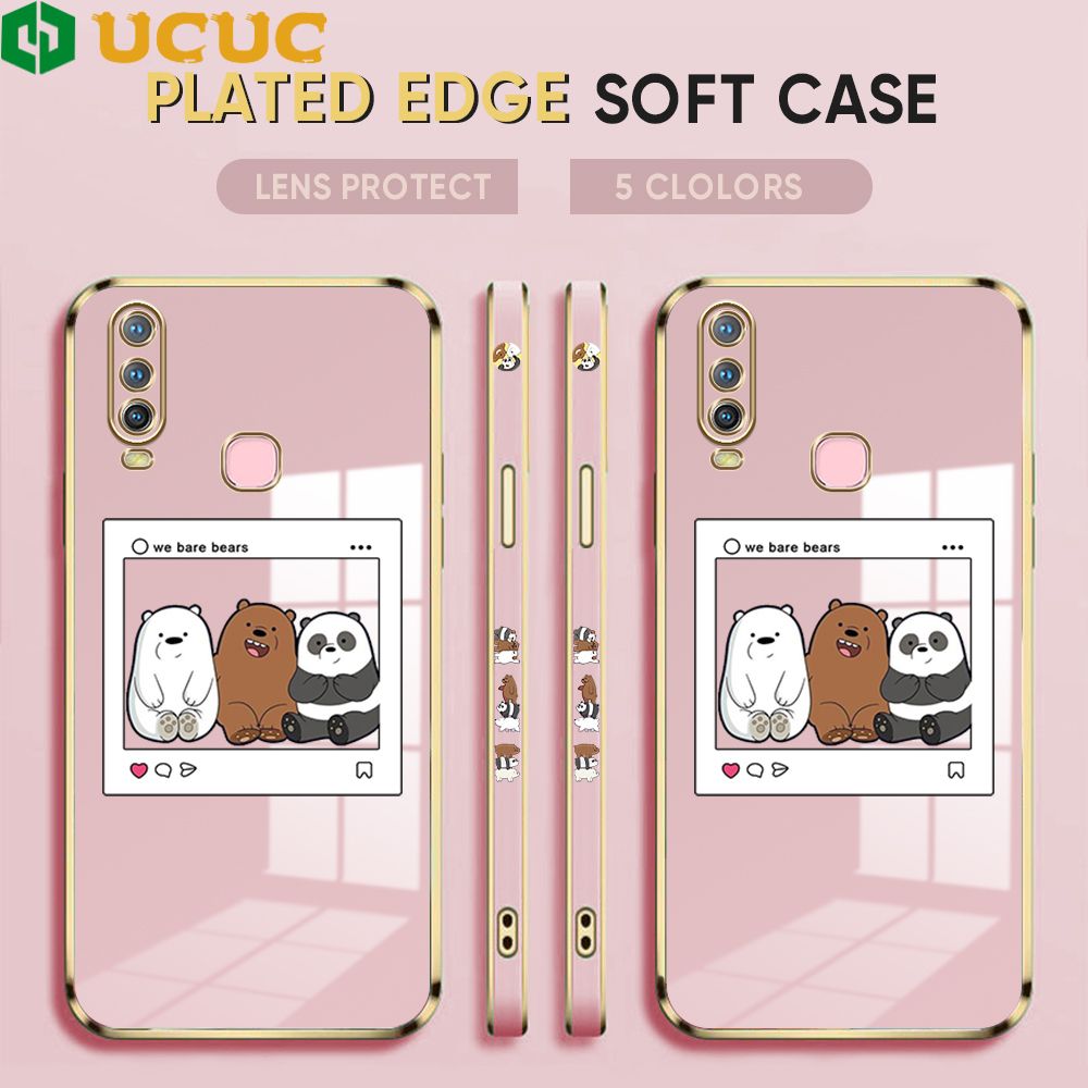 UCUC for Vivo Y12 Cover Bears Photo Luxury 6D Plating Soft Casing Silicone Square Frame Phone Case Shiny Bling Back Cover + Free Lanyard