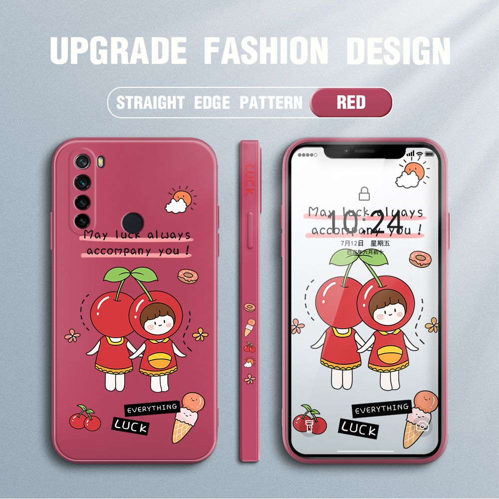 Jizetin for Xiaomi Redmi Note 8 Case Fashion Cherry Girl Design Side Design Phone Case Square Edge Pattern Liquid Silicone Cases Full Cover Camera Shockproof Protective Case