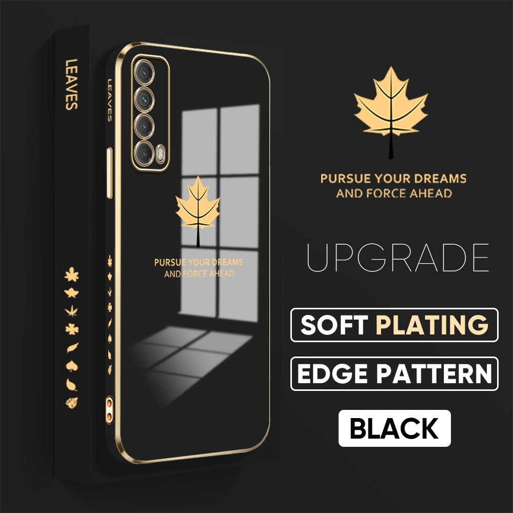 Jizetin (Free Lanyard) Huawei Y7A Cover Maple Leaf Luxury 6D Plating Soft Casing Silicone Square Frame Phone Case Shiny Bling Back Cover