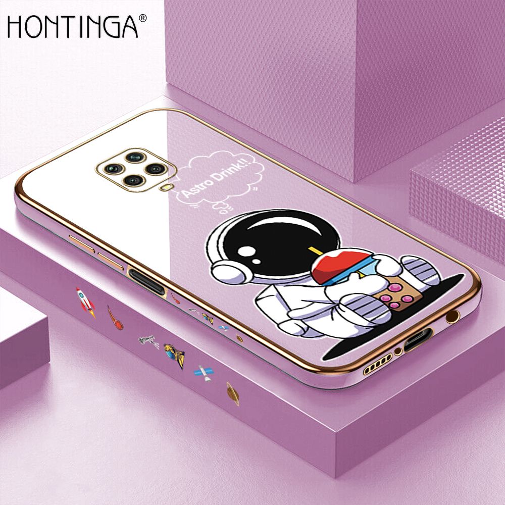 Hontinga for Redmi Note 9S / Note 9 Pro / Note 9 Pro Max Back Cover + Free Lanyard Luxury 6D Plating Cartoon Happy Astronaut Side Pattern Case Soft Silicone Square Mobile Cover