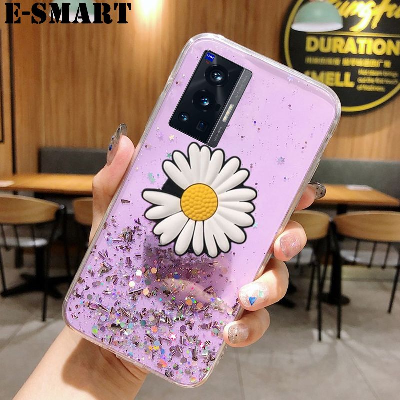 For VIVO X70 Pro Case Transparent Bling Glitter Cases Soft Clear Shining Sequin Case with Daisy Flowers Folding VIVO X70 Pro Back Cover