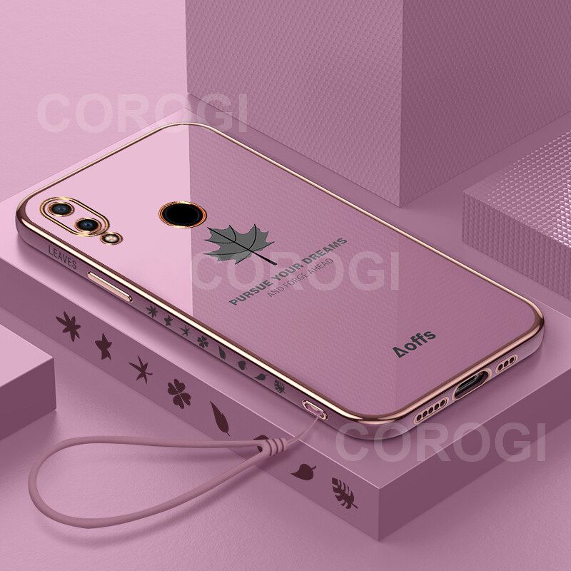 For Huawei Y9 2019 Cover + Wrist Strap Fashion Shiny Maple leaf Plating Square Bumper Phone Case Soft TPU Silicone Shockproof Protective Back Cover
