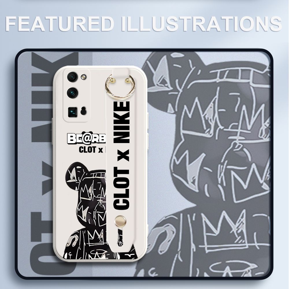 UCUC for Honor 30 Pro Wrist Strap Case Creative Cartoon Black Stitching Bear Cover Ultra Thin Anti Fall Liquid Silicone Phone Case