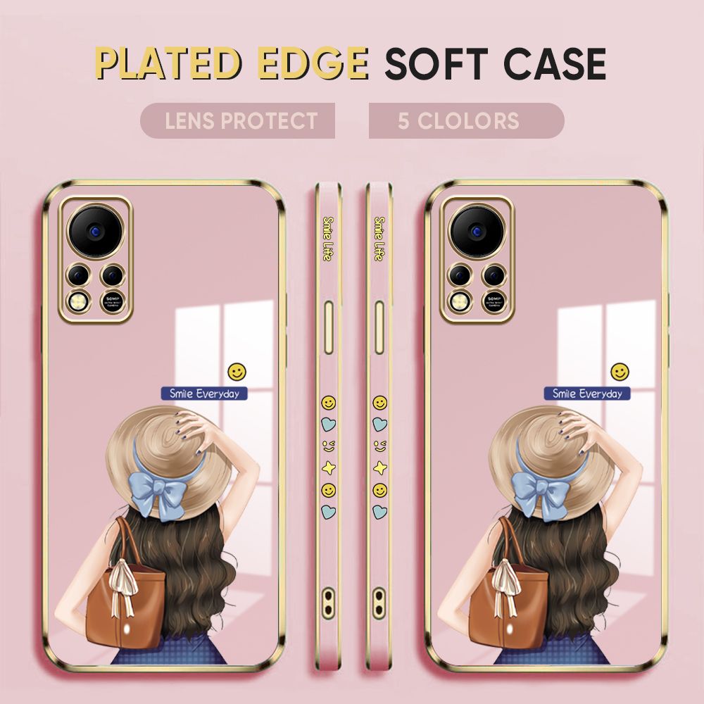 Luxury 6D Plating Case for Infinix Hot 11S NFC Back Cover Cartoon Hat Girl Side Pattern Soft Silicone Square Phone Cases