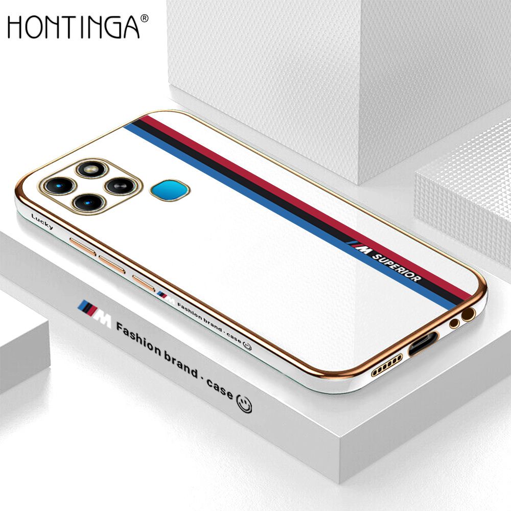 Hontinga for Infinix Smart 6 Back Cover + Free Lanyard Luxury 6D Plating Fashion Racing Side Pattern Case Soft Silicone Square Phone Cases