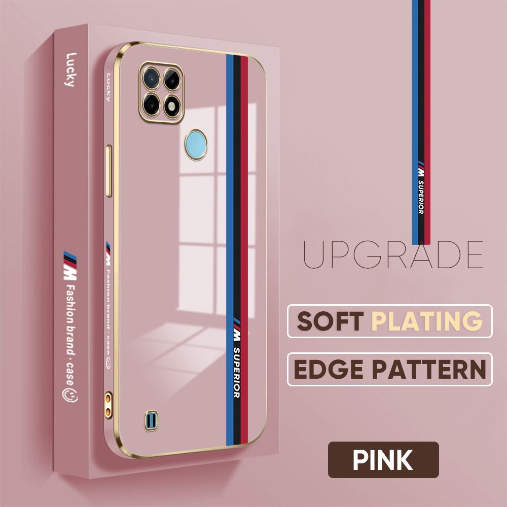 TA for Realme C25Y / Realme C21Y Back Cover + Free Lanyard Track Sign Luxury 6D Plating Case Side Pattern Soft Silicone Square Phone Cases