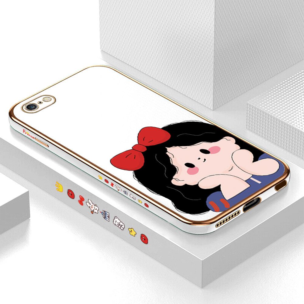 Luxury 6D Plating Soft Casing Silicone Square Frame Phone Case For iPhone 6S Plus Case Shiny Bling Back Cover Cartoon Cute Bow Girl Square Edge Pattern Design Soft Case + Free Lanyard