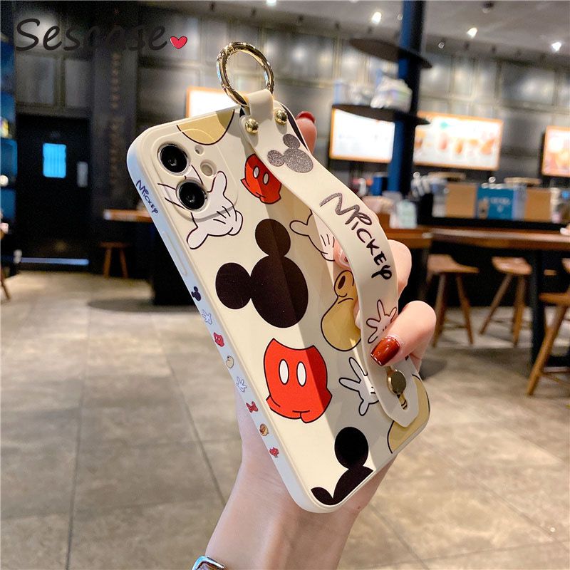 Sescase Mickey Side Pattern Wristband Phone Case for Oppo Reno 5 Reno 5 Pro A5  A9  A52 A92 A91 F9 A5S A12 A83 A59 A57A3S A12E Catoon Casing with Freebie