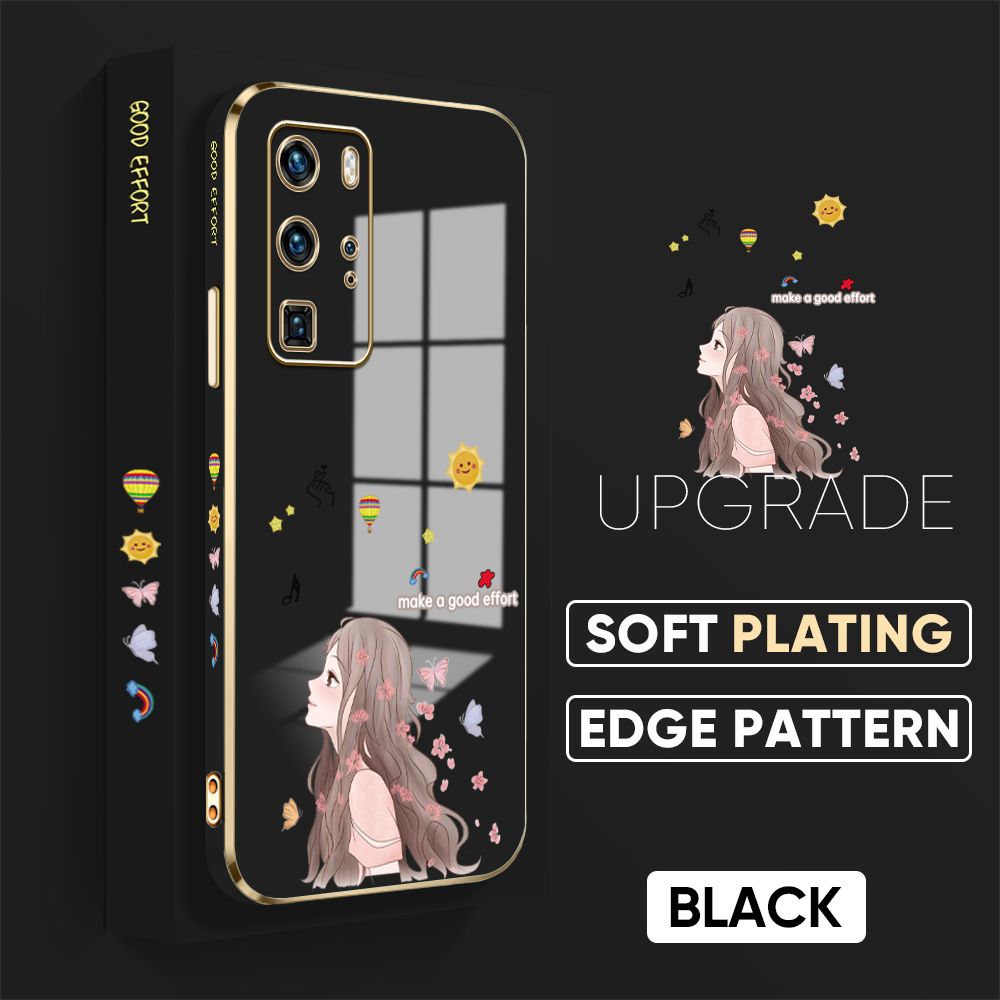 TA for Huawei P40 Pro Back Cover + Free Lanyard Charming Girl Luxury 6D Plating Case Side Pattern Soft Silicone Square Phone Cases