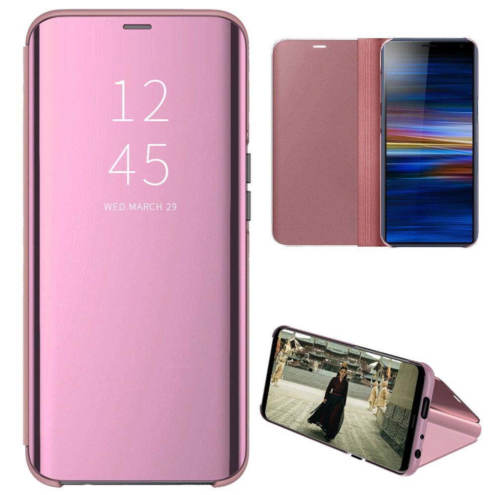 For Sony Xperia 10 Plus Mirror Plating Hard PC -PU Leather Translucent Standing View Case Cover