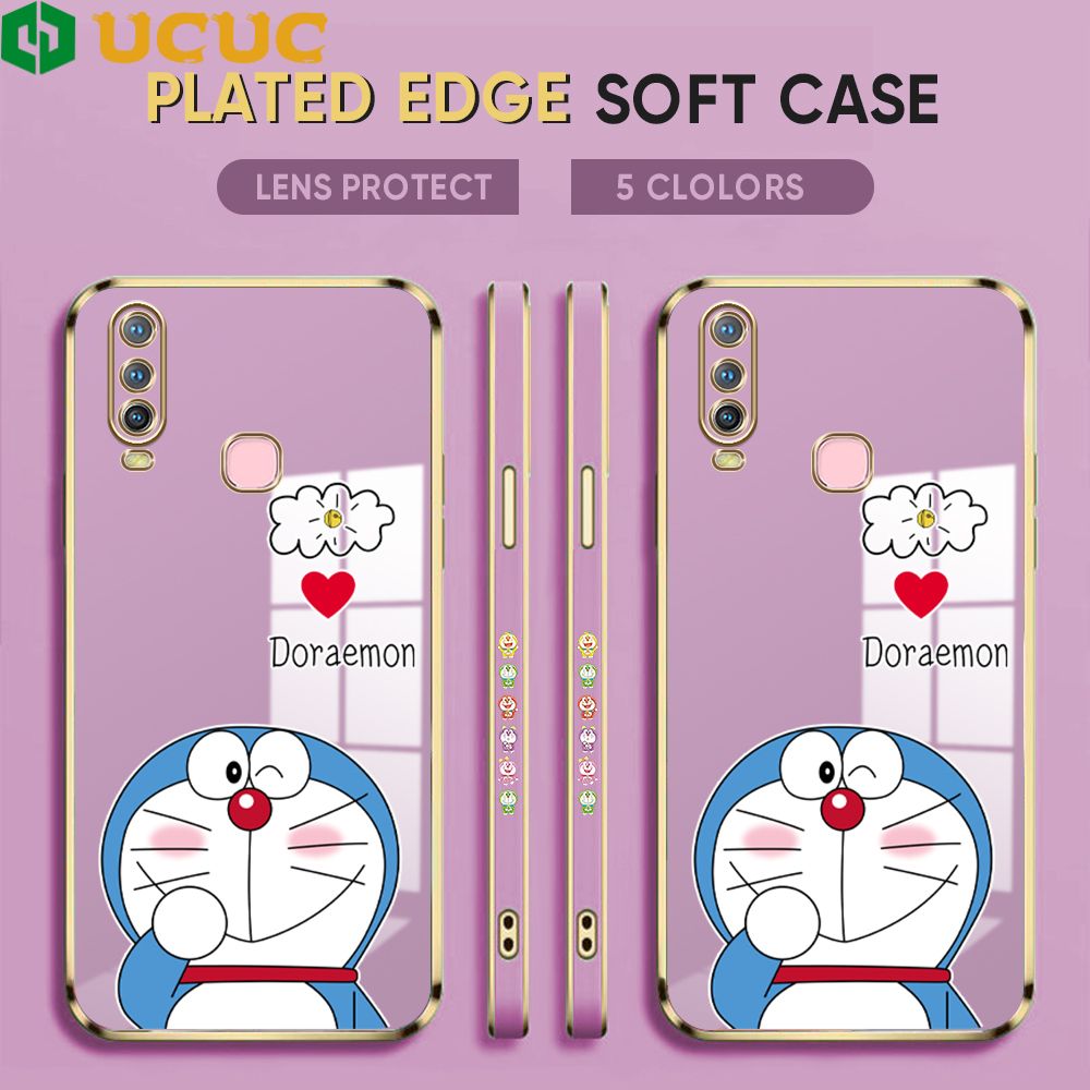UCUC for Vivo Y17 Y15 Y12 Back Cover + Free Lanyard Sneak Doraemon Luxury 6D Plating Case Side Pattern Soft Silicone Square Phone Cases