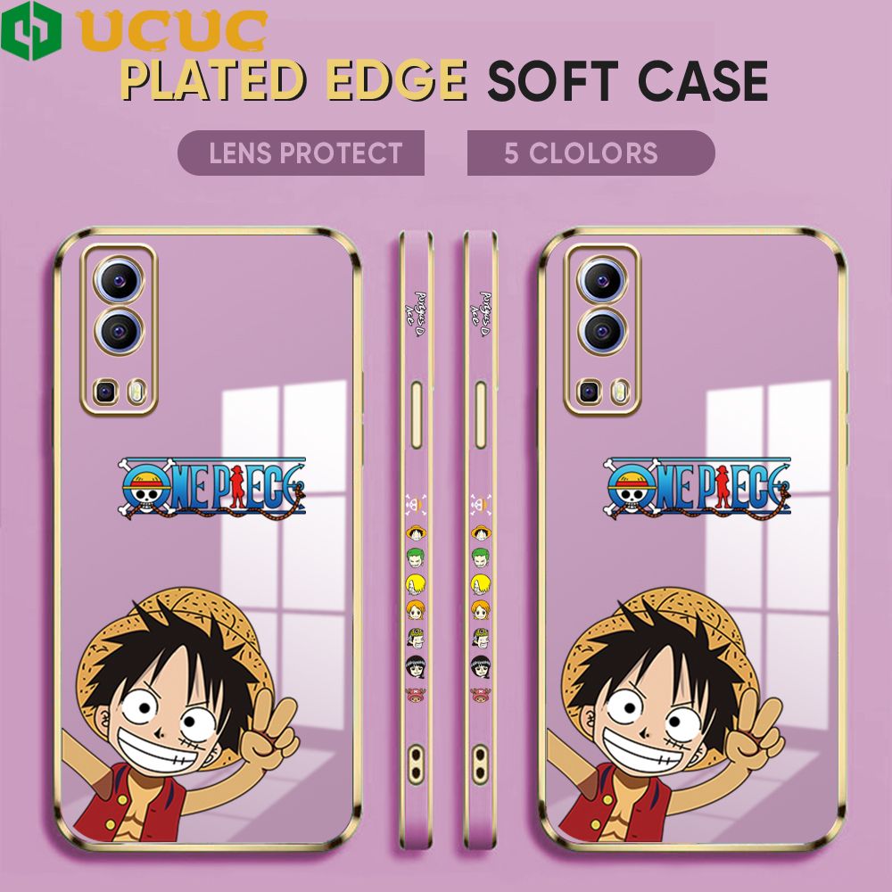 UCUC for Vivo Y52 5G / Y72 5G Back Cover + Free Lanyard Wave Luffy Luxury 6D Plating Case Side Pattern Soft Silicone Square Phone Cases