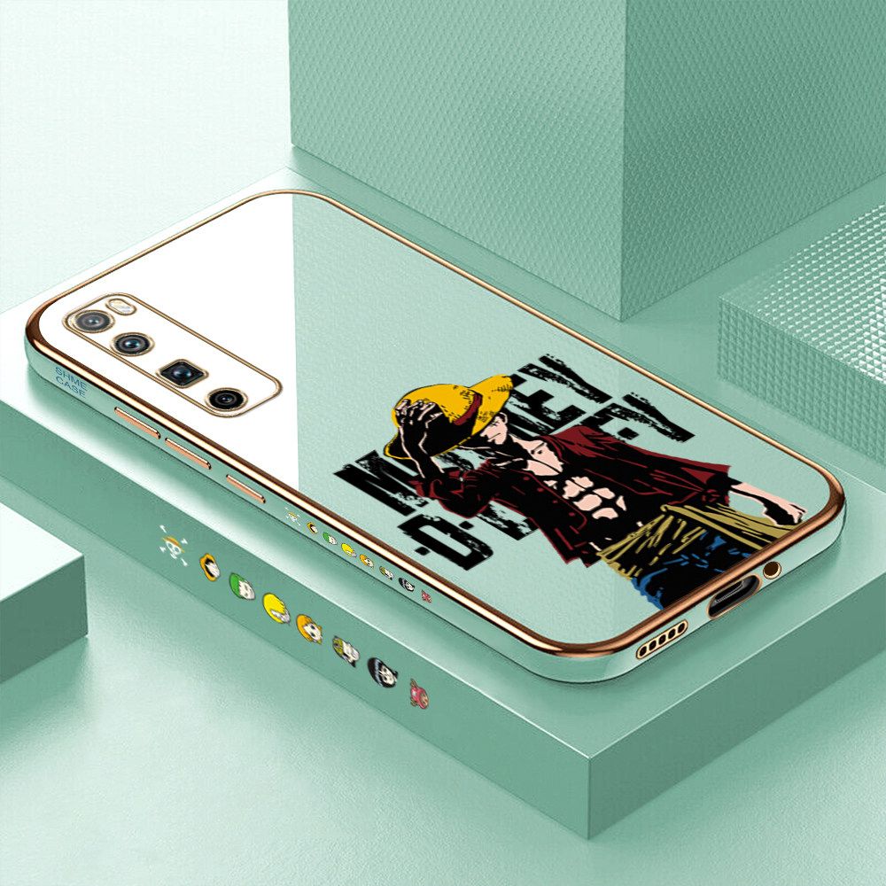 Luxury 6D Plating Case for Huawei Nova 7 Pro Anime Cartoon Cool Luffy Side Pattern Back Cover Soft Silicone Square Frame Shiny Bling Phone Cases + Free Lanyard