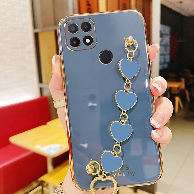 For Realme C25Y C21Y Back Cover with Love Heart Chain Wrist Strap Fashion Bracelet Shiny Plating Bumper Protective Case Silicone Shockproof Mobile Phone Cases