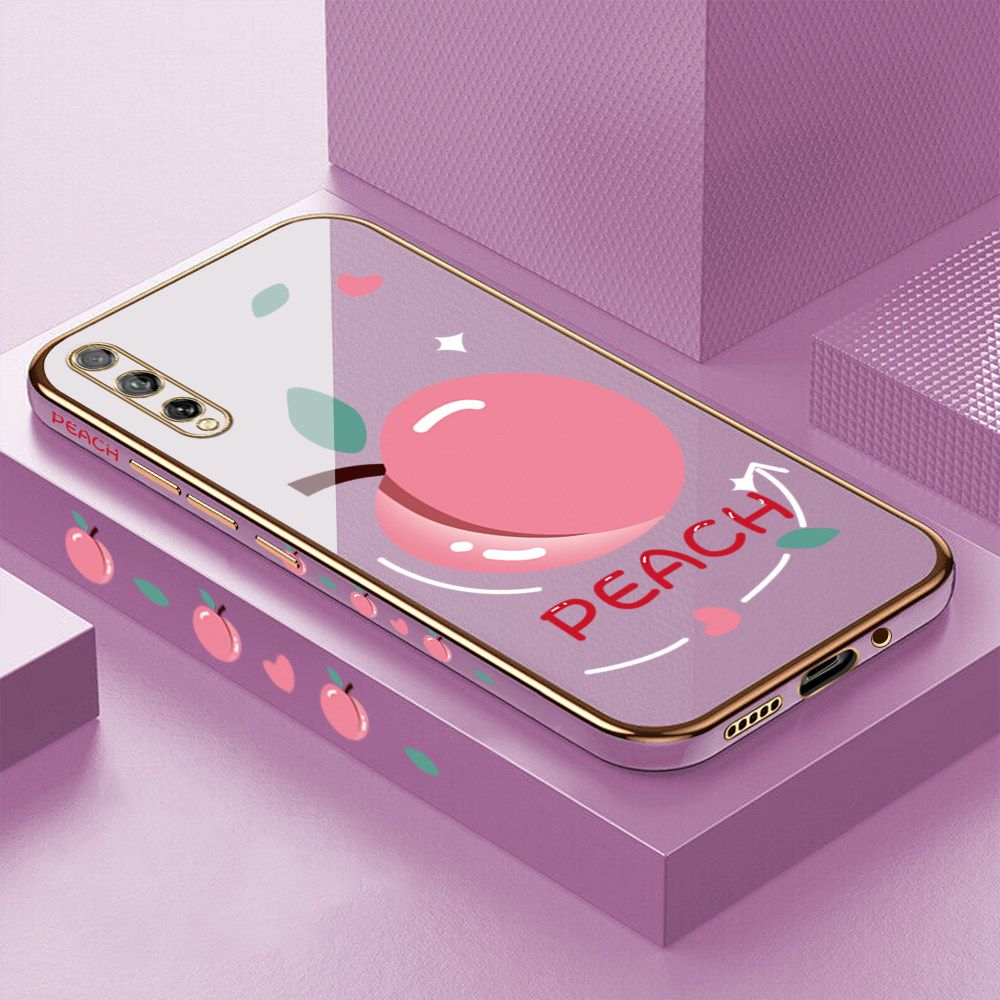 Luxury 6D Plating Case for Huawei Y8P Cartoon Simple Peach Side Pattern Back Cover Soft Silicone Square Frame Shiny Bling Phone Cases + Free Lanyard