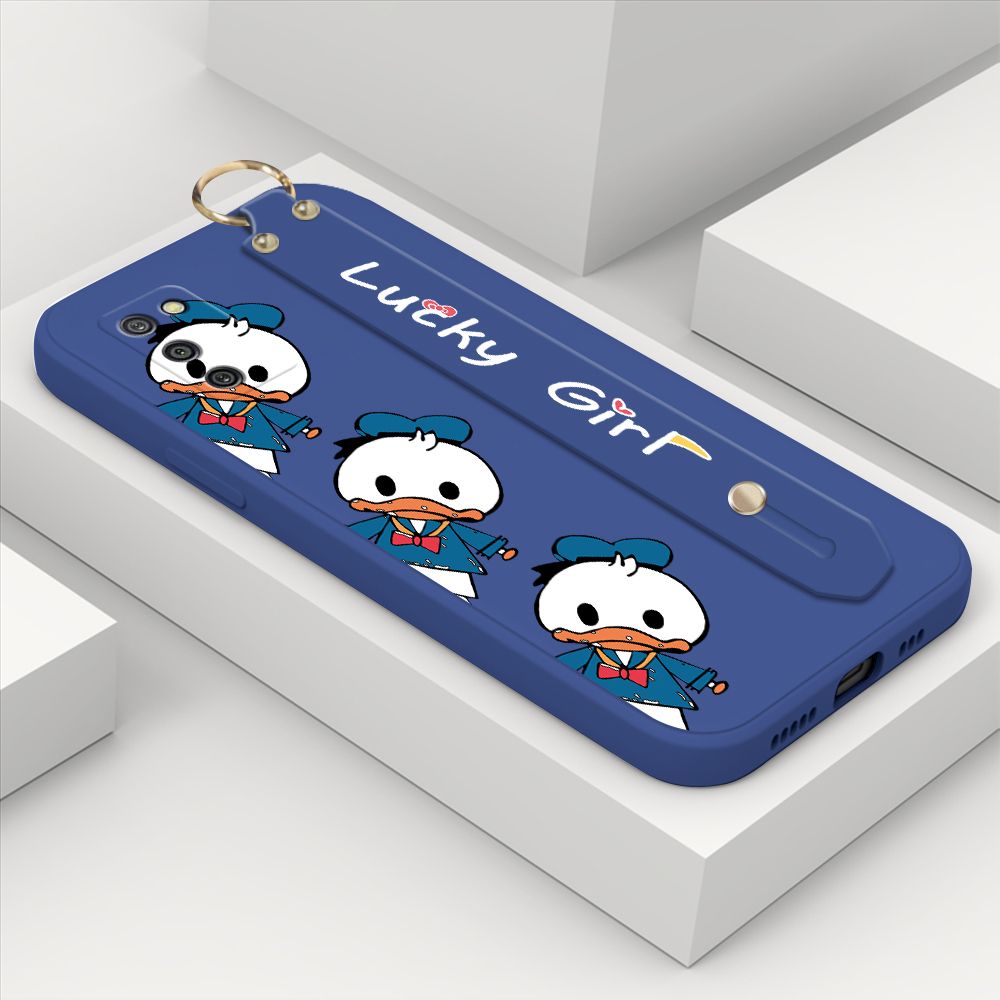 ZeroQiQi for Samsung Galaxy A02S Wrist Strap Case Cute Cartoon Little Duck Phone Case Square Edge Liquid Silicone Case Full Cover Camera Shockproof Protective Cases