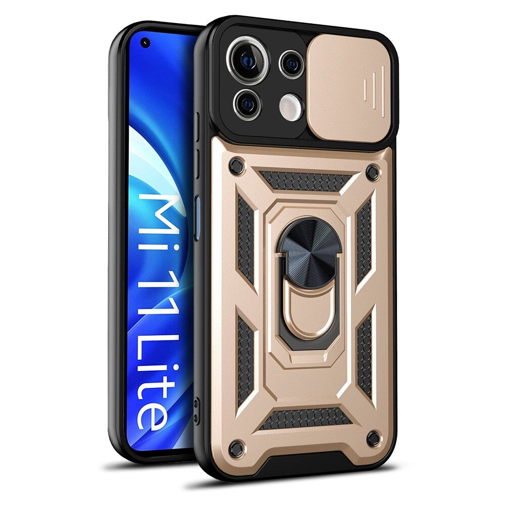 KEYSION Shockproof Case for Xiaomi Mi 11 Lite 5G 11i 11X Pro Ring Stand Push Pull Camera Protection Phone Cover for POCO M3 Pro