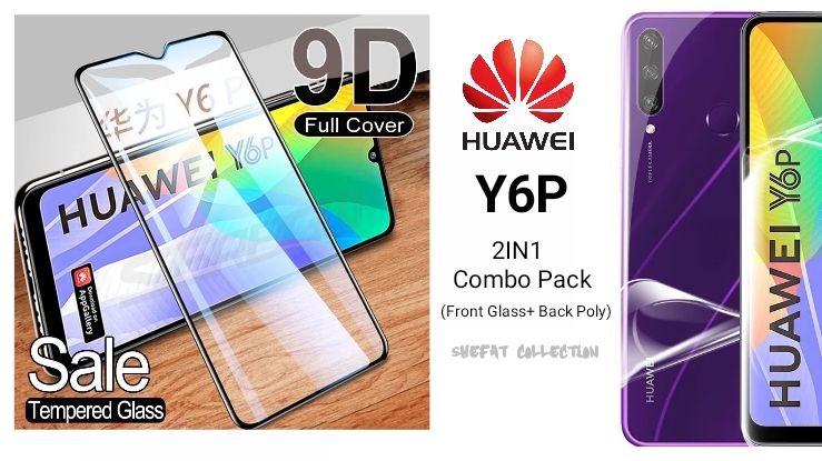 Huawei y6p 2 ইন 1 কম্বো প্যাক (সম্পূর্ণ গ্লাস প্রোটেক্টর, ব্যাক সাইড হাইড্রোজেল সফট ক্লিয়ার পলি)