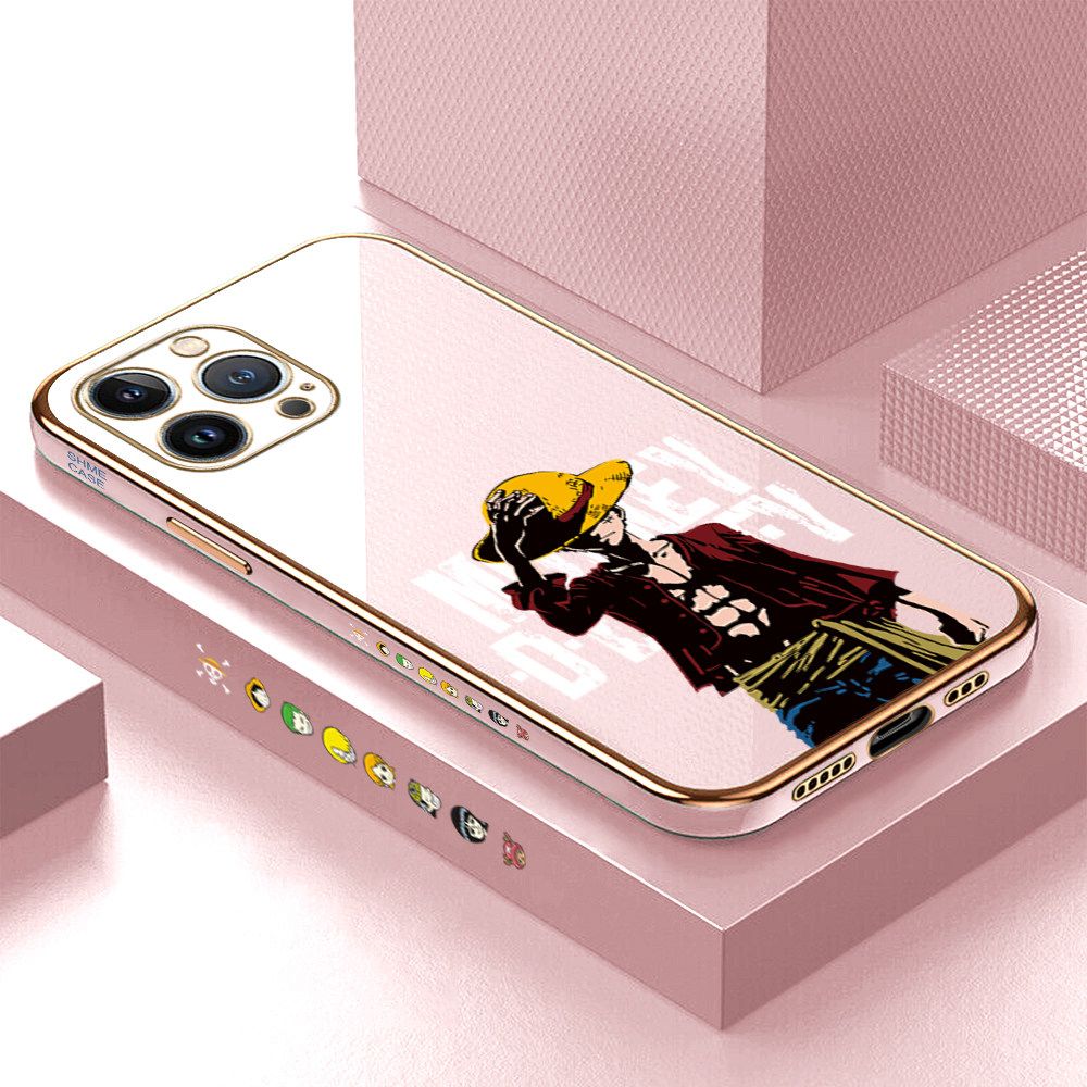 Luxury 6D Plating Case for iPhone 13 Pro Anime Cartoon Cool Luffy Side Pattern Back Cover Soft Silicone Square Frame Shiny Bling Phone Cases + Free Lanyard