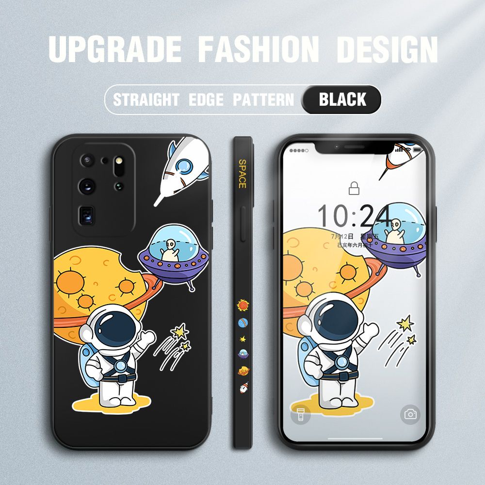 Jizetin for Samsung Galaxy S20 Ultra Case Side Design Phone Cover Moon Space Astronaut Cover Square Edge Pattern Liquid Silicone Trend Case