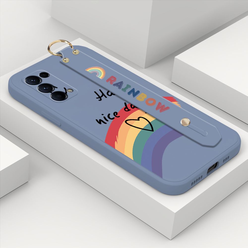 ZeroQiQi for OPPO Reno5 Pro 5G Wrist Strap Case Lovely Graffiti Rainbow Smile Thin Phone Cover Square Edge Liquid Silicone Creativity Phone Case